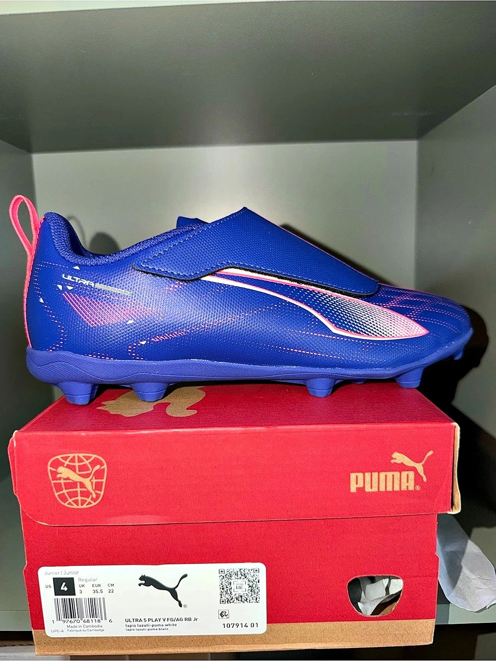 PUMA Ultra 5 Play V FG/AG Jr Soccer Cleats Blue & Pink US 4